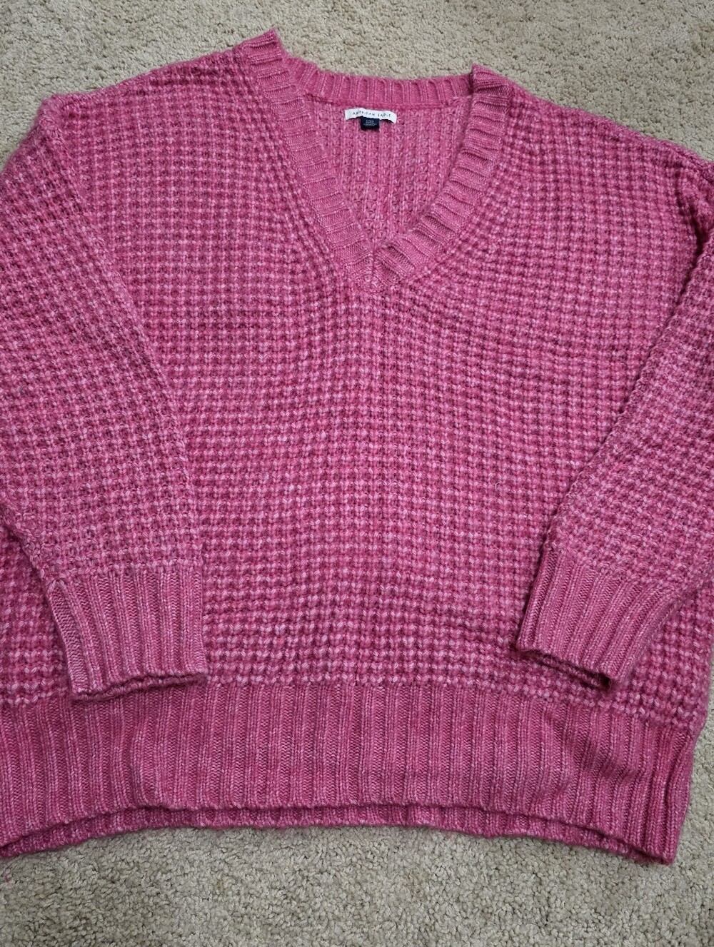 American Eagle Outfitters Pink Waffle-Knit V-Neck Sweater